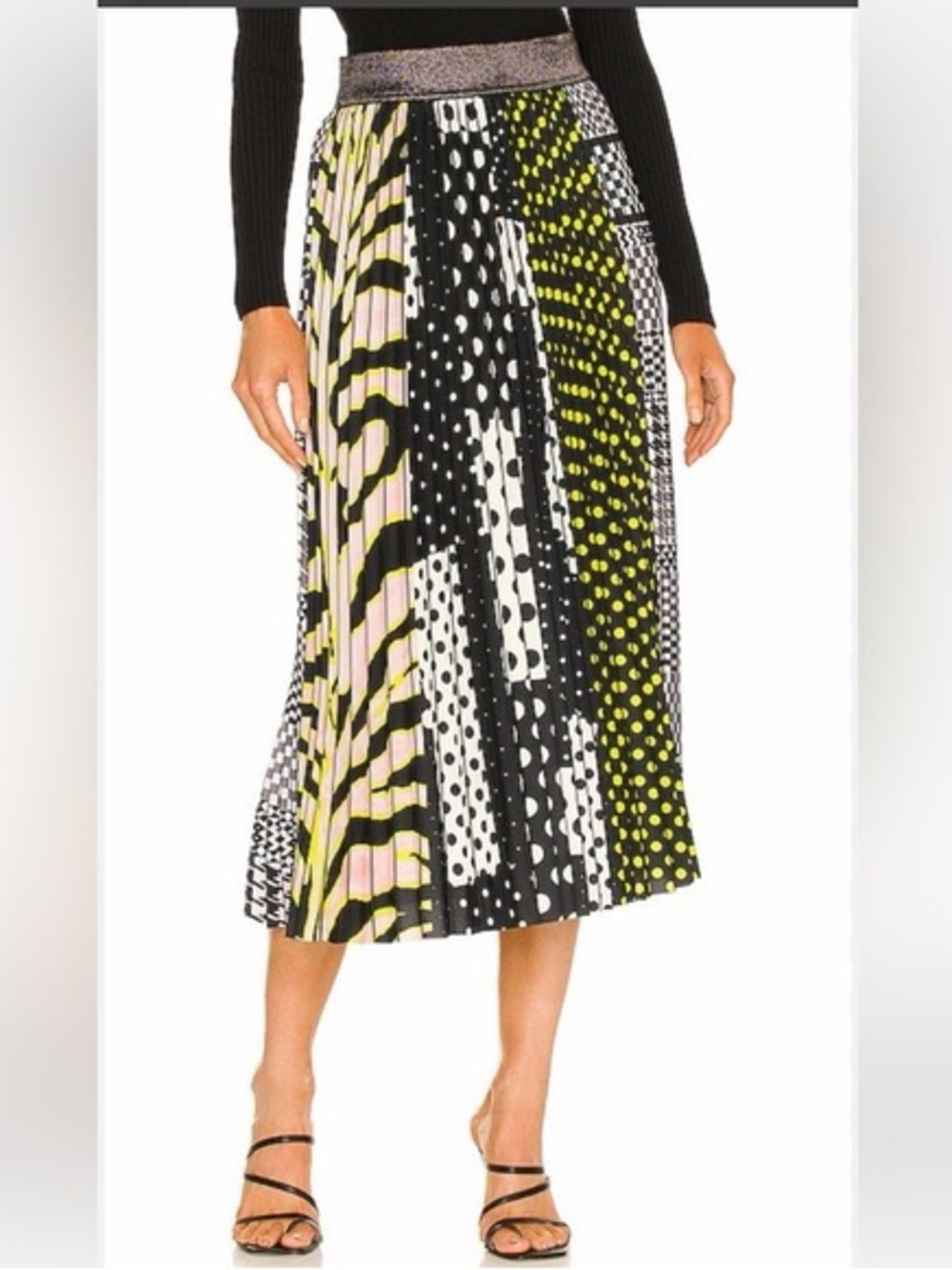 Le Superbe Patchwork Pleated Midi Skirt in Black, White & Yellow-Green